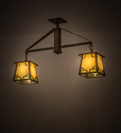 Meyda Lighting Kirkpatrick 33" 2-Light Antique Copper Island Pendant Light With Bone Beige Art & Moss Green Ripple Shade Glass