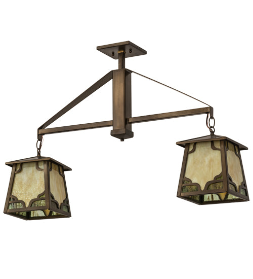 Meyda Lighting Kirkpatrick 33" 2-Light Antique Copper Island Pendant Light With Bone Beige Art & Moss Green Ripple Shade Glass
