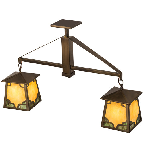 Meyda Lighting Kirkpatrick 33" 2-Light Antique Copper Island Pendant Light With Bone Beige Art & Moss Green Ripple Shade Glass