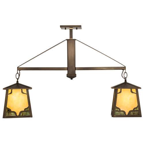Meyda Lighting Kirkpatrick 33" 2-Light Antique Copper Island Pendant Light With Bone Beige Art & Moss Green Ripple Shade Glass