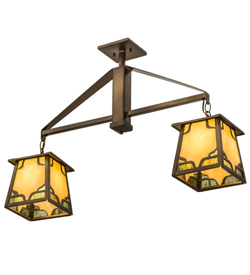 Meyda Lighting Kirkpatrick 33" 2-Light Antique Copper Island Pendant Light With Bone Beige Art & Moss Green Ripple Shade Glass