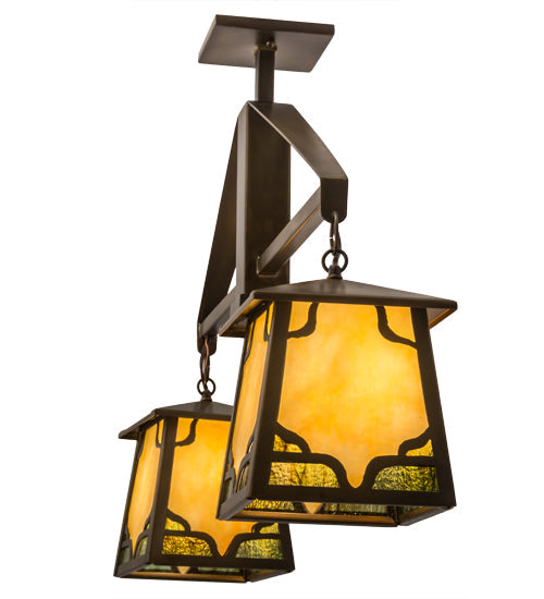 Meyda Lighting Kirkpatrick 33" 2-Light Antique Copper Island Pendant Light With Bone Beige Art & Moss Green Ripple Shade Glass