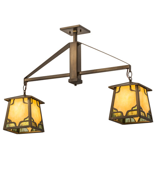 Meyda Lighting Kirkpatrick 33" 2-Light Antique Copper Island Pendant Light With Bone Beige Art & Moss Green Ripple Shade Glass