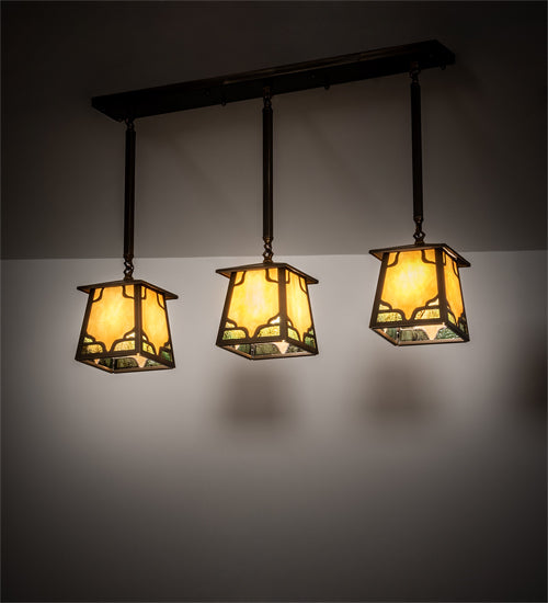 Meyda Lighting Kirkpatrick 37" 3-Light Antique Copper Island Pendant Light With Green & Beige Art Shade Glass
