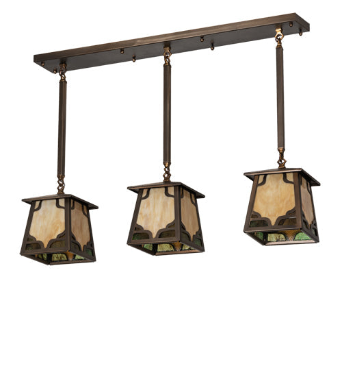 Meyda Lighting Kirkpatrick 37" 3-Light Antique Copper Island Pendant Light With Green & Beige Art Shade Glass