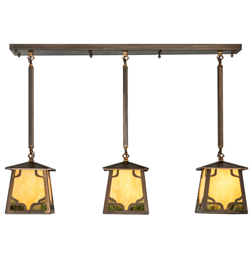 Meyda Lighting Kirkpatrick 37" 3-Light Antique Copper Island Pendant Light With Green & Beige Art Shade Glass