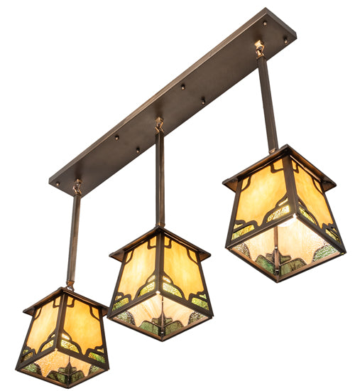Meyda Lighting Kirkpatrick 37" 3-Light Antique Copper Island Pendant Light With Green & Beige Art Shade Glass