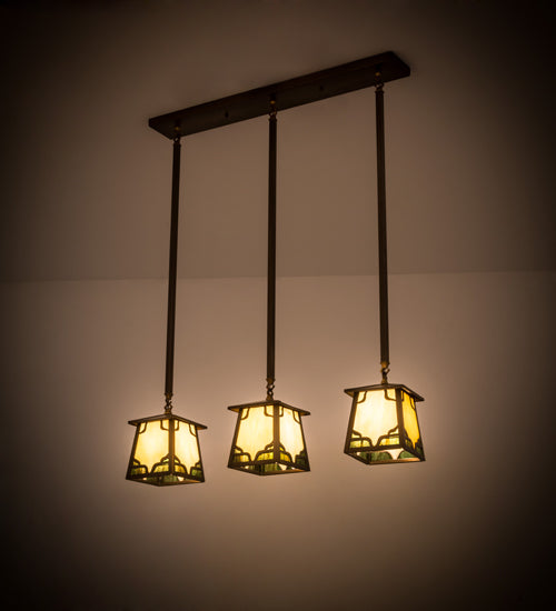 Meyda Lighting Kirkpatrick 38" 3-Light Antique Copper Island Pendant Light With Green & Beige Shade Glass