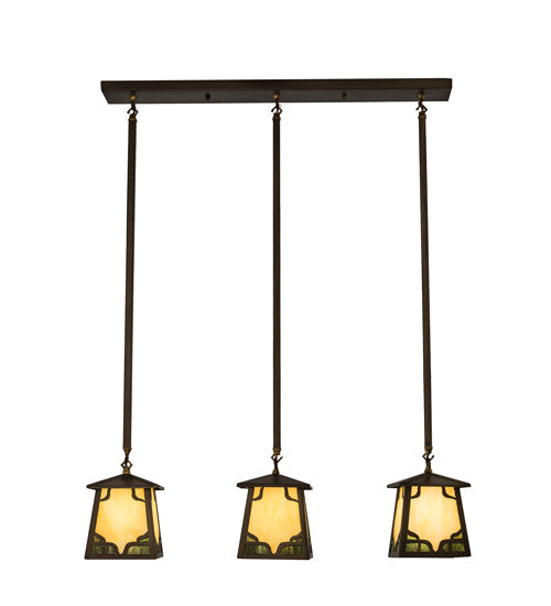 Meyda Lighting Kirkpatrick 38" 3-Light Antique Copper Island Pendant Light With Green & Beige Shade Glass