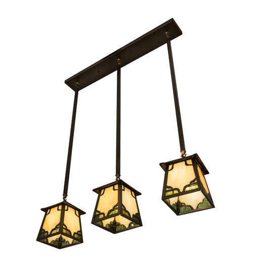 Meyda Lighting Kirkpatrick 38" 3-Light Antique Copper Island Pendant Light With Green & Beige Shade Glass