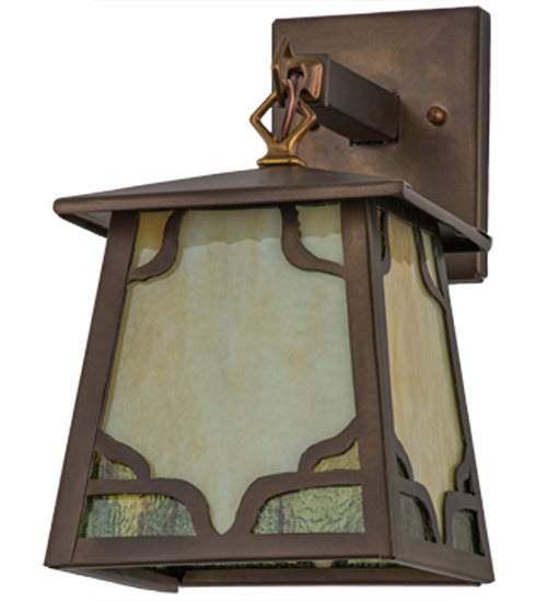 Meyda Lighting Kirkpatrick 7" Antique Copper Hanging Wall Sconce With Beige & Green Shade Glass