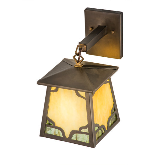 Meyda Lighting Kirkpatrick 7" Antique Copper Hanging Wall Sconce With Beige & Green Shade Glass