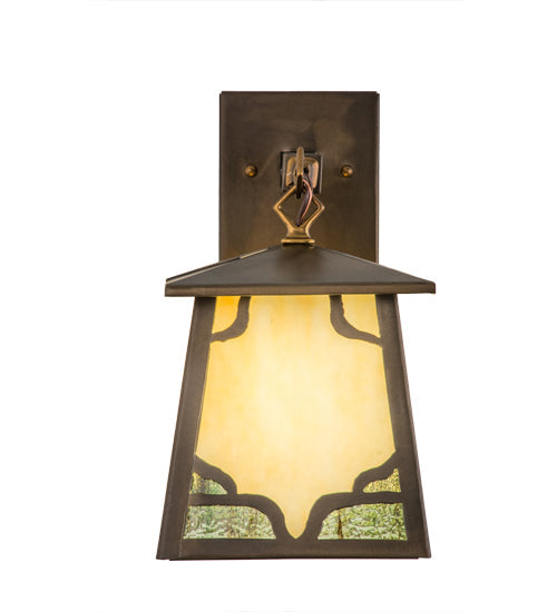 Meyda Lighting Kirkpatrick 7" Antique Copper Hanging Wall Sconce With Beige & Green Shade Glass