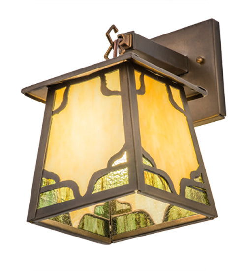 Meyda Lighting Kirkpatrick 7" Antique Copper Hanging Wall Sconce With Beige & Green Shade Glass