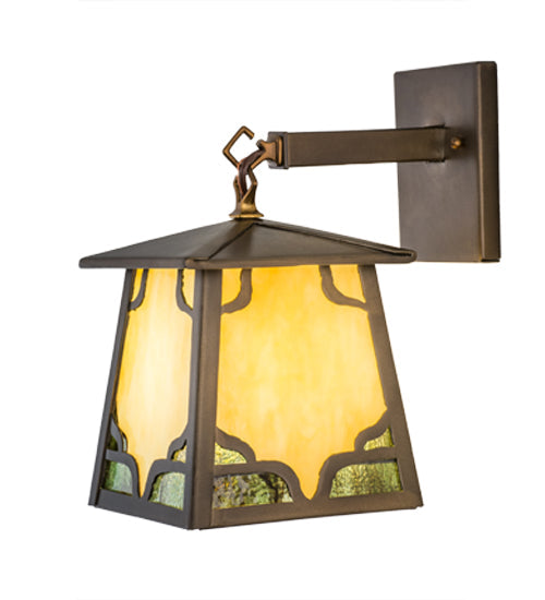 Meyda Lighting Kirkpatrick 7" Antique Copper Hanging Wall Sconce With Beige & Green Shade Glass