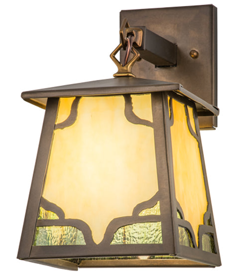 Meyda Lighting Kirkpatrick 7" Antique Copper Hanging Wall Sconce With Beige & Green Shade Glass