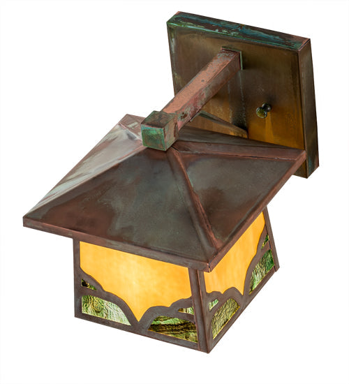 Meyda Lighting Kirkpatrick 8" Verdigris Copper Wall Sconce With Green & Beige Shade Glass