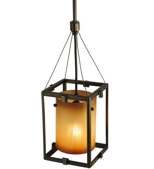 Meyda Lighting Kitzi 6" Golden Bronze Cylinder Mini Pendant Light With Avorio Amber Shade Glass