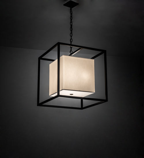 Meyda Lighting Kitzi Box 22"Sq 4-Light Solar Black Pendant Light With Eggshell Textrene & Statuario Idalight Shade