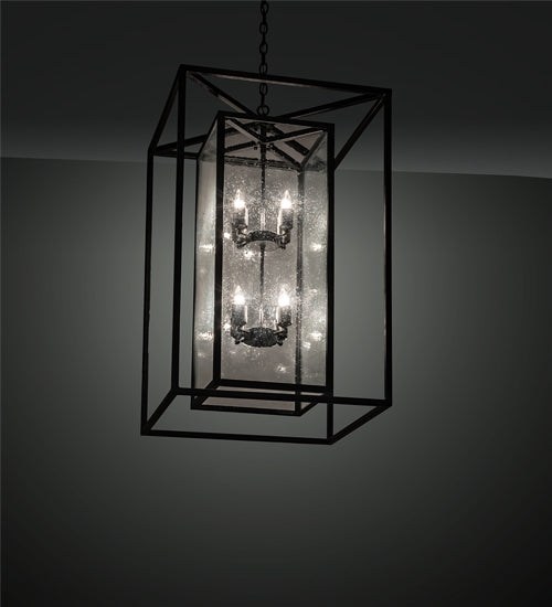 Meyda Lighting Kitzi Box 25"Sq 8-Light Textured Black Pendant Light With Clear Seeded Shade Glass