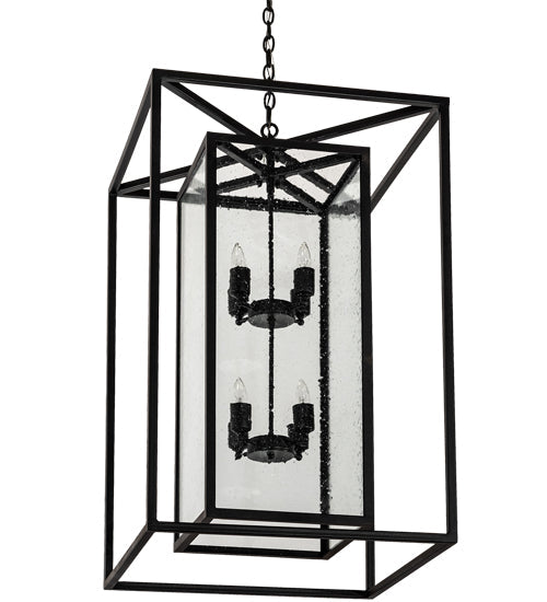 Meyda Lighting Kitzi Box 25"Sq 8-Light Textured Black Pendant Light With Clear Seeded Shade Glass