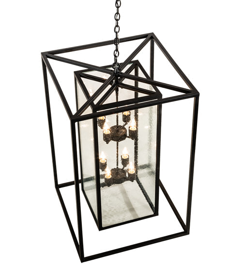 Meyda Lighting Kitzi Box 25"Sq 8-Light Textured Black Pendant Light With Clear Seeded Shade Glass