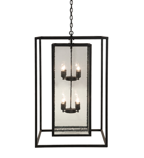 Meyda Lighting Kitzi Box 25"Sq 8-Light Textured Black Pendant Light With Clear Seeded Shade Glass
