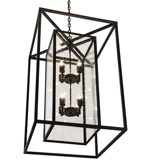 Meyda Lighting Kitzi Box 25"Sq 8-Light Textured Black Pendant Light With Clear Seeded Shade Glass