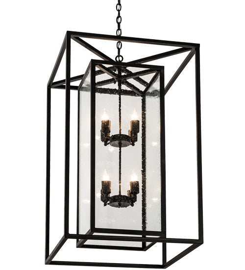 Meyda Lighting Kitzi Box 25"Sq 8-Light Textured Black Pendant Light With Clear Seeded Shade Glass