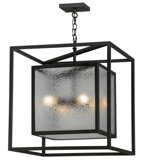 Meyda Lighting Kitzi Box 34" 4-Light Wrought Iron Pendant Light With Clear Granite Shade Glass