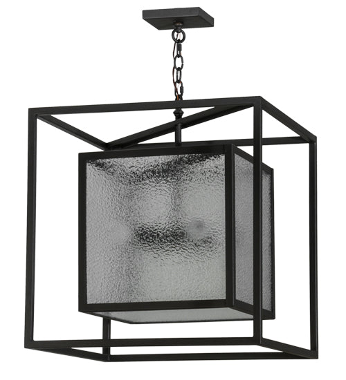 Meyda Lighting Kitzi Box 34" 4-Light Wrought Iron Pendant Light With Clear Granite Shade Glass