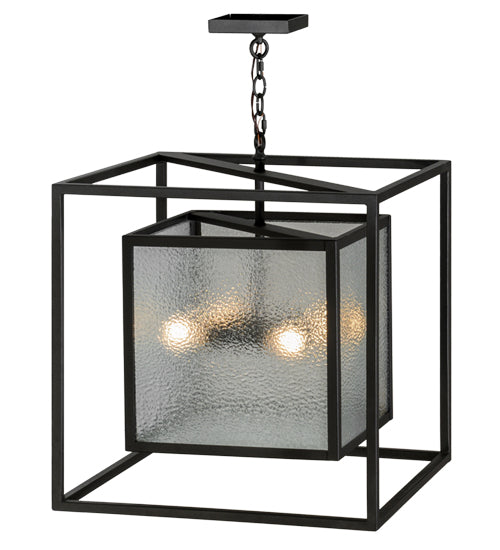 Meyda Lighting Kitzi Box 34" 4-Light Wrought Iron Pendant Light With Clear Granite Shade Glass
