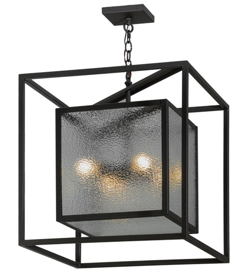 Meyda Lighting Kitzi Box 34" 4-Light Wrought Iron Pendant Light With Clear Granite Shade Glass