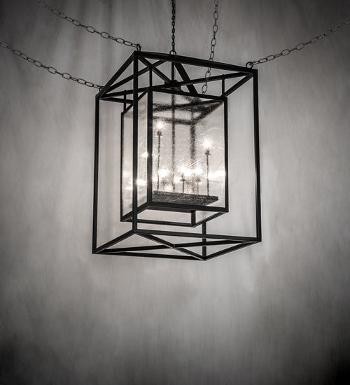 Meyda Lighting Kitzi Box 48" 8-Light Flat Black Pendant Light With Clear Seeded Wissmach Shade Glass