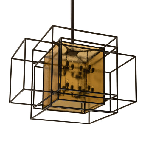Meyda Lighting Kitzi Box 72" 32-Light Timeless Bronze Island Pendant Light With Amber Seeded Shade Glass