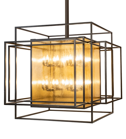 Meyda Lighting Kitzi Box 72" 32-Light Timeless Bronze Island Pendant Light With Amber Seeded Shade Glass