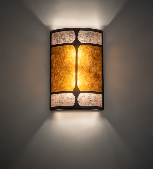 Meyda Lighting Kleba 12" 2-Light Wrought Iron Wall Sconce With Amber Mica & Silver Mica Shade Glass