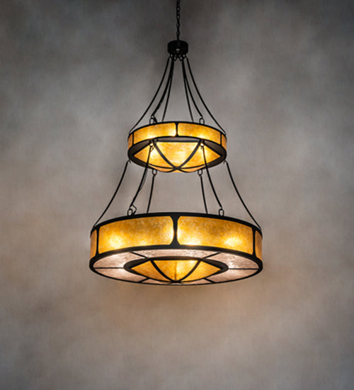 Meyda Lighting Kleba 46" 15-Light 2-Tier Wrought Iron Pendant Light With Amber Mica & Silver Mica Shade Glass