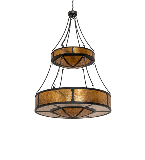 Meyda Lighting Kleba 46" 15-Light 2-Tier Wrought Iron Pendant Light With Amber Mica & Silver Mica Shade Glass