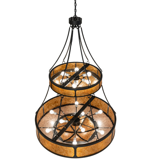 Meyda Lighting Kleba 46" 15-Light 2-Tier Wrought Iron Pendant Light With Amber Mica & Silver Mica Shade Glass