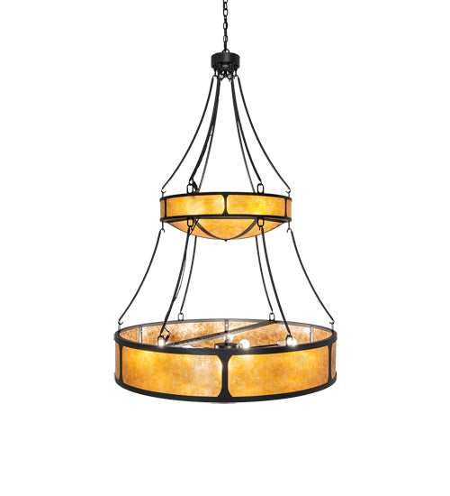 Meyda Lighting Kleba 46" 15-Light 2-Tier Wrought Iron Pendant Light With Amber Mica & Silver Mica Shade Glass