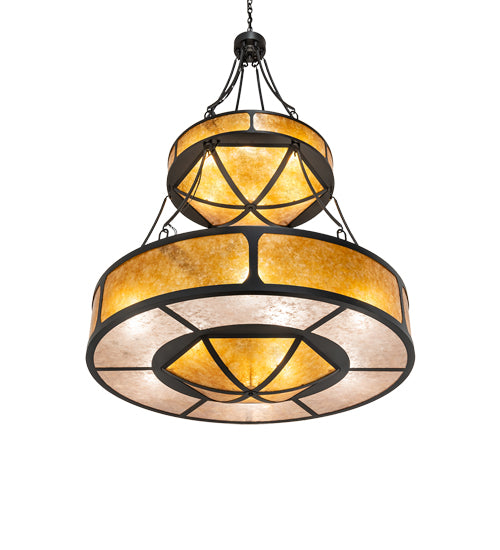 Meyda Lighting Kleba 46" 15-Light 2-Tier Wrought Iron Pendant Light With Amber Mica & Silver Mica Shade Glass