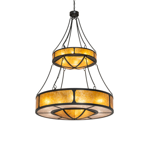 Meyda Lighting Kleba 46" 15-Light 2-Tier Wrought Iron Pendant Light With Amber Mica & Silver Mica Shade Glass