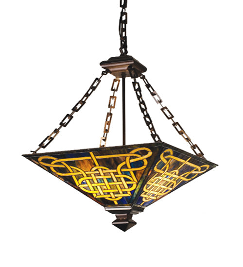 Meyda Lighting Knotwork Mission 17"Sq 4-Light Mahogany Bronze Inverted Pendant Light With Multi-Colored Shade Glass