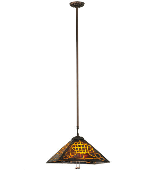 Meyda Lighting Knotwork Mission 24" 3-Light Mahogany Bronze Pendant Light With Multi-Colored Art Shade Glass