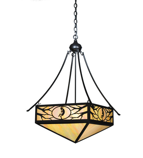 Meyda Lighting Kokopeli 32" 4-Light Textured Black Inverted Pendant Light With Beige Iridescent Shade Glass