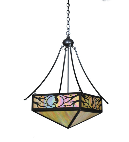 Meyda Lighting Kokopeli 32" 4-Light Textured Black Inverted Pendant Light With Beige Iridescent Shade Glass