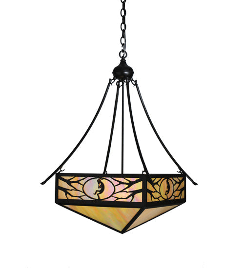 Meyda Lighting Kokopeli 32" 4-Light Textured Black Inverted Pendant Light With Beige Iridescent Shade Glass