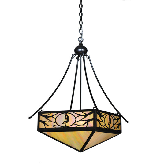 Meyda Lighting Kokopeli 32" 4-Light Textured Black Inverted Pendant Light With Beige Iridescent Shade Glass