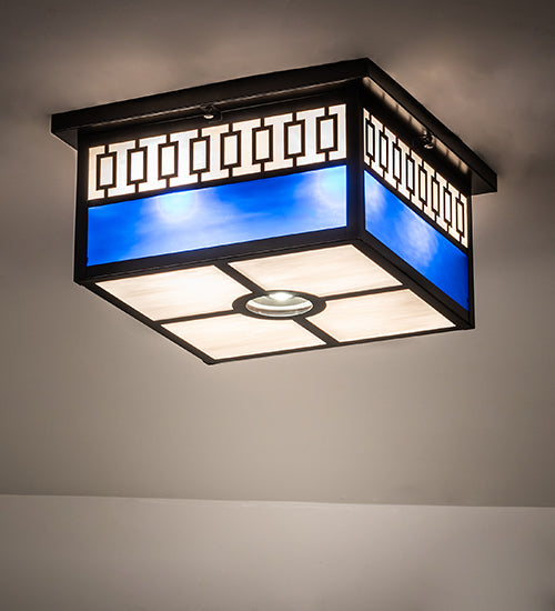 Meyda Lighting Kungsholm 256013 26" 5-Light Craftsman Brown Flush Mount Light With Dark Blue & White Art Shade Glass